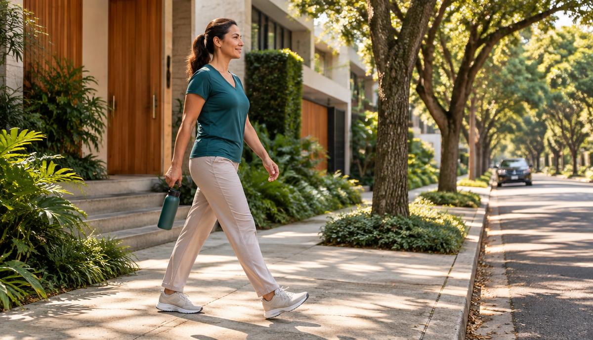 Mulher caminhando por uma rua arborizada no início da manhã