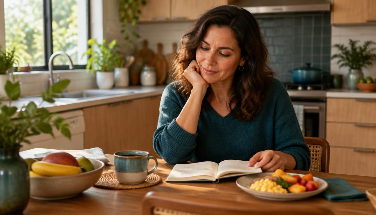Mulher revendo anotações à mesa da cozinha pela manhã, com café e um prato de ovos e frutas