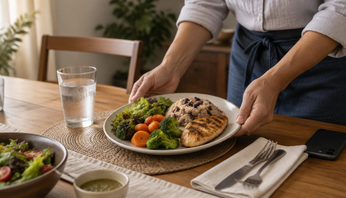 Prato com legumes, frango grelhado, arroz e feijão na mesa de jantar, com o celular virado para baixo ao lado