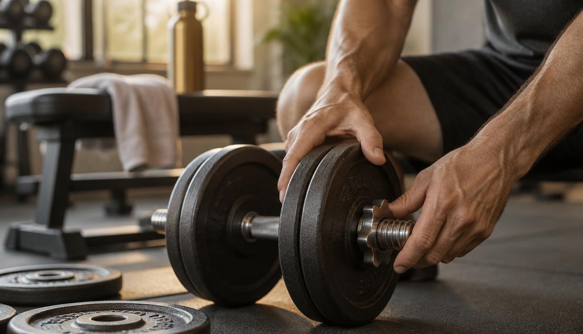 Mãos de um adulto ajustando a anilha de um halter em uma academia com luz natural