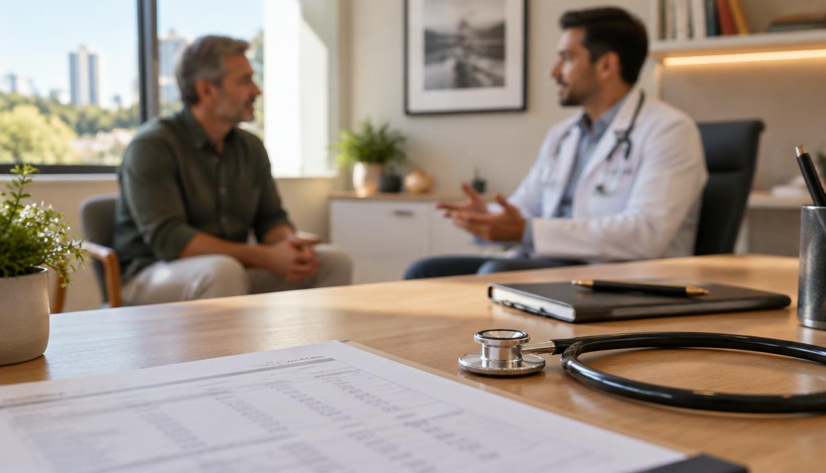 Mesa de consultório com folha de exames e estetoscópio, com médico e paciente conversando ao fundo